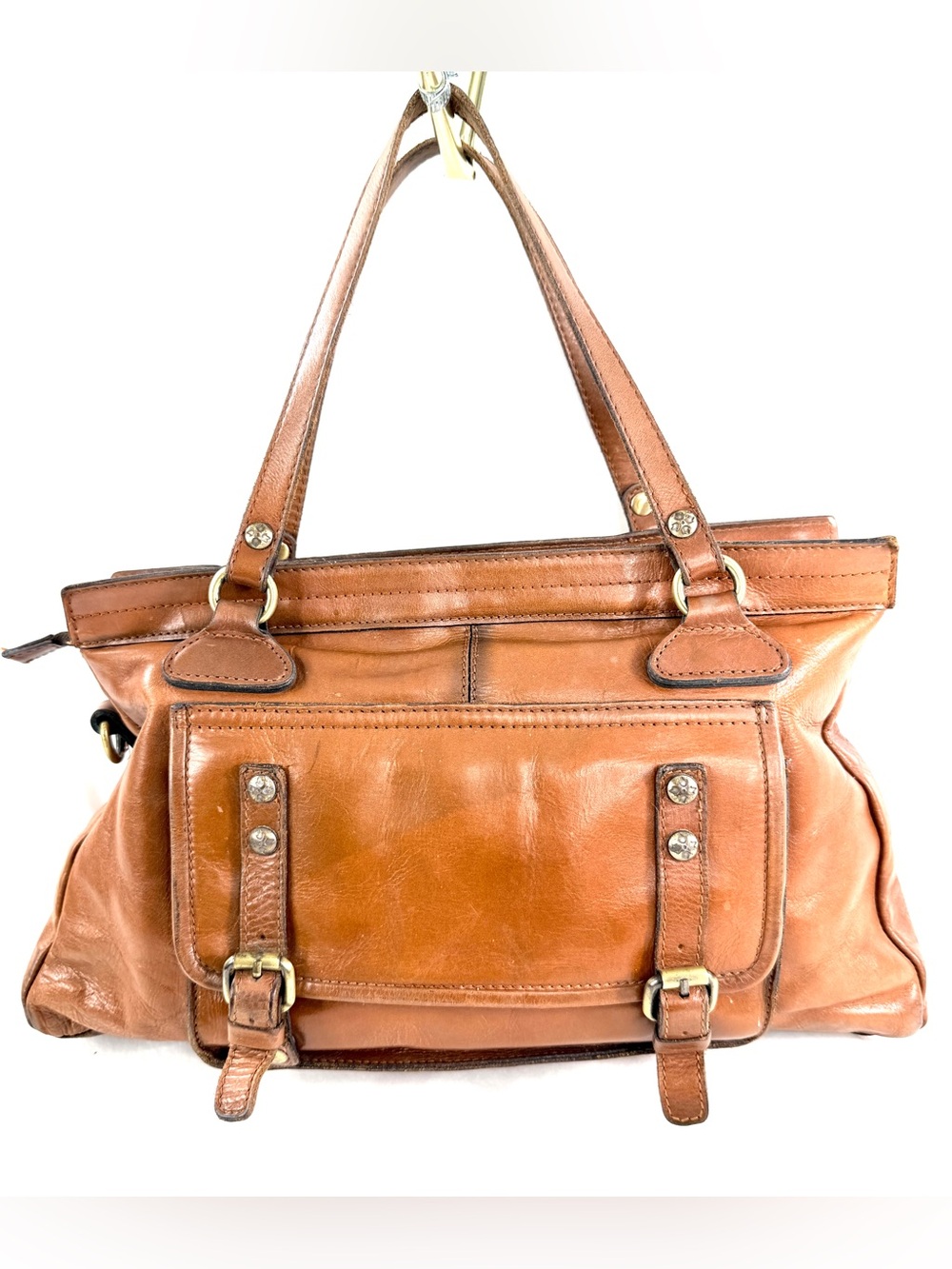 Patricia Nash Brown Leather Large Tote Shoulder Bag Brass Belted Logo Studs